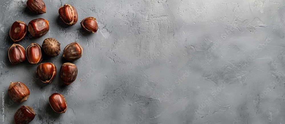 Aufkleber Flat lay of scrumptious roasted chestnuts on a grey tabletop with copy space image available