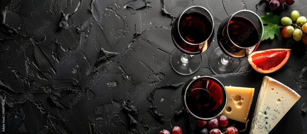 Poster Red Wine Flight complemented by cheese and grapes on a black backdrop featuring a copy space image