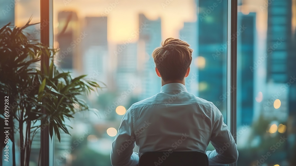 Poster Thinking corporate and back of businessman by window for ideas solution and insight for company growth Professional office and person for problem solving brainstorming decision and ref : Generative AI