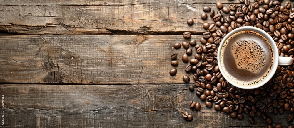 Poster rustic wooden background with a cup of coffee and coffee beans with copy space image