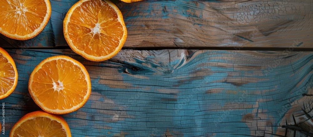 Poster Freshly sliced oranges arranged on a rustic wooden surface with copy space image