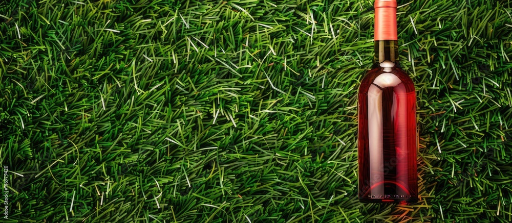 Poster Wine bottle placed on green grass with copy space image
