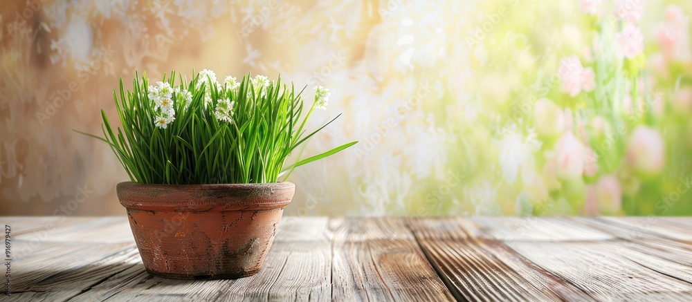 Poster grassy flowers in a pot atop a wooden table with copy space image