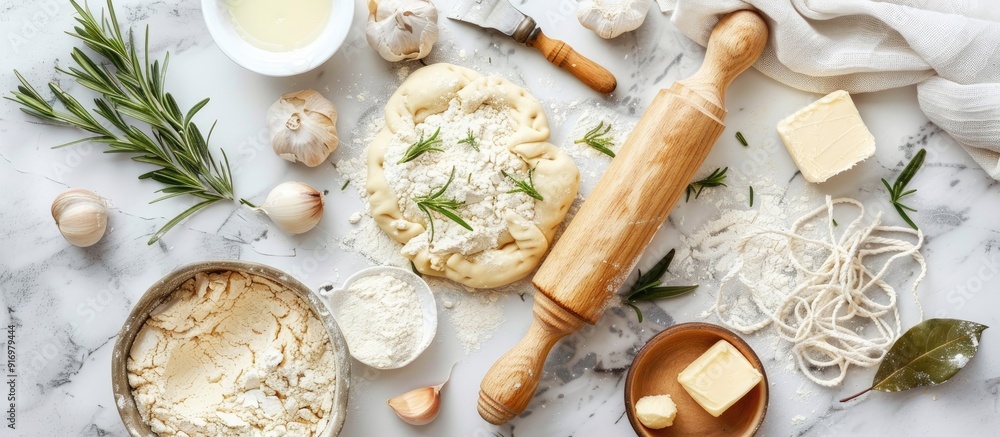 Poster Top view of ingredients for making pelmeni ravioli and dumplings including dough rosemary a rolling pin canvas thread butter and a bay leaf on a light background with a toned effect allowing for copy