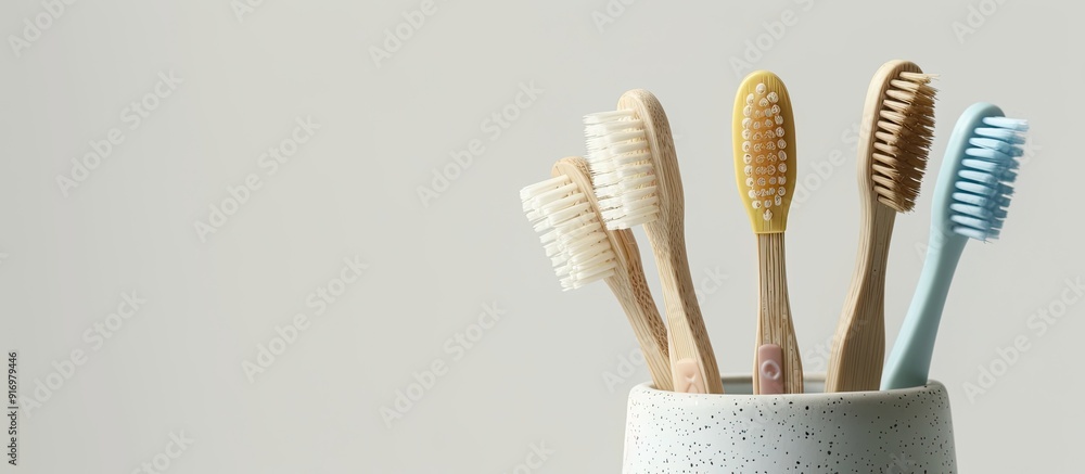Aufkleber Toothbrushes in a container with a white background displaying copy space image