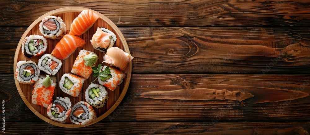 Poster a top down view of sushi displayed on a wooden table featuring a copy space image