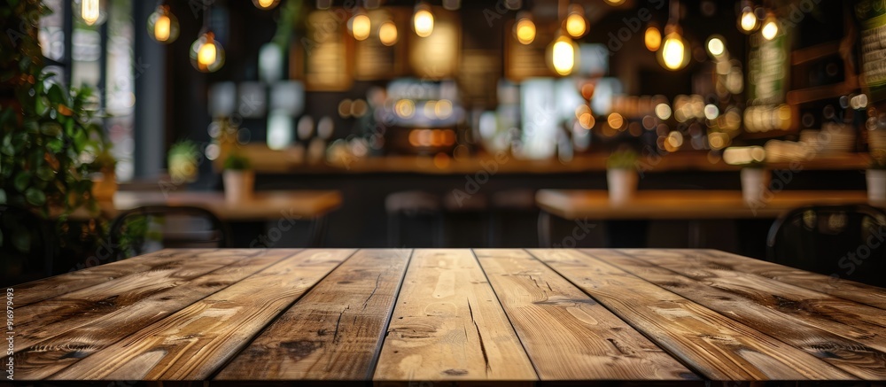Poster an empty brown wooden table with a blurred coffee shop or restaurant background creates a perfect co