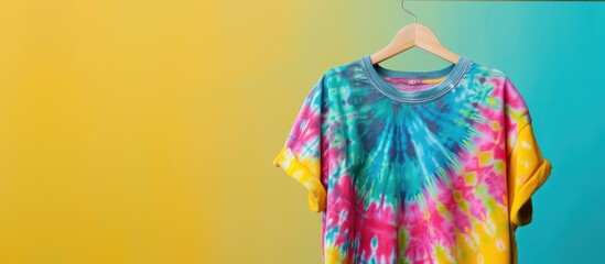 A tie dye cropped top displayed on a hanger isolated representing a women s look in a minimalistic trendy style with a fashion concept pattern for a collage sale clothes banner featuring copy space im
