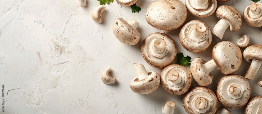 Poster fresh champignon mushrooms collection on a white background with copy space image