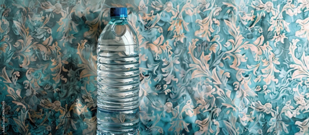 Poster a plastic bottle of water against a wallpapered background ideal for product branding or showcasing 