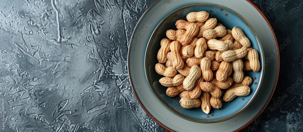 Poster Top view of a plate with fresh peanuts arranged neatly in a bowl with copy space image available