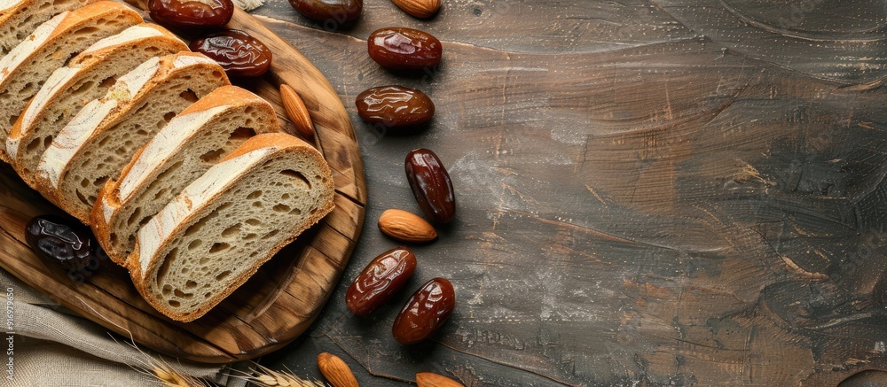 Poster Freshly sliced bread with dates arranged from a top view providing ample copy space image