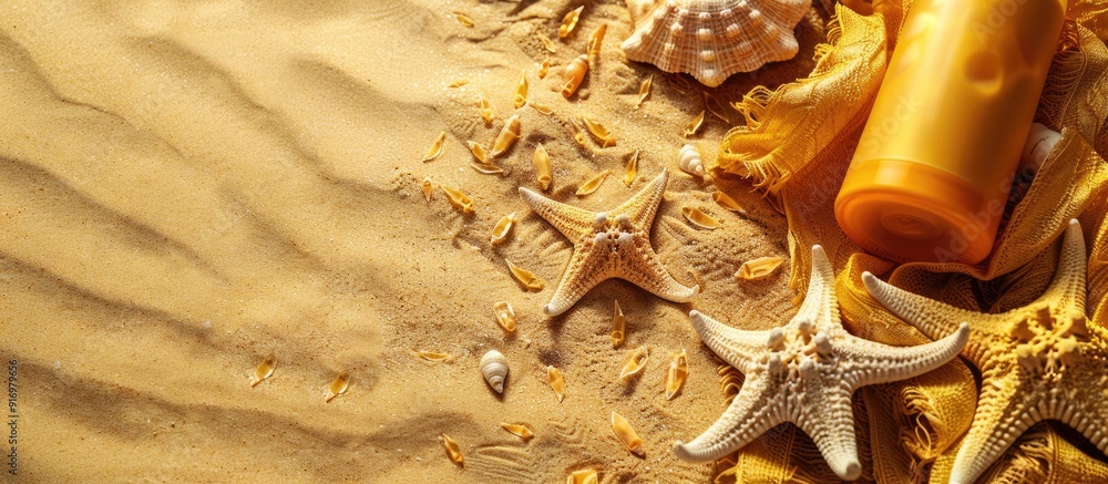 Aufkleber sun protection care with a beach setting of sunscreen starfish and a bag with room for a copy space 