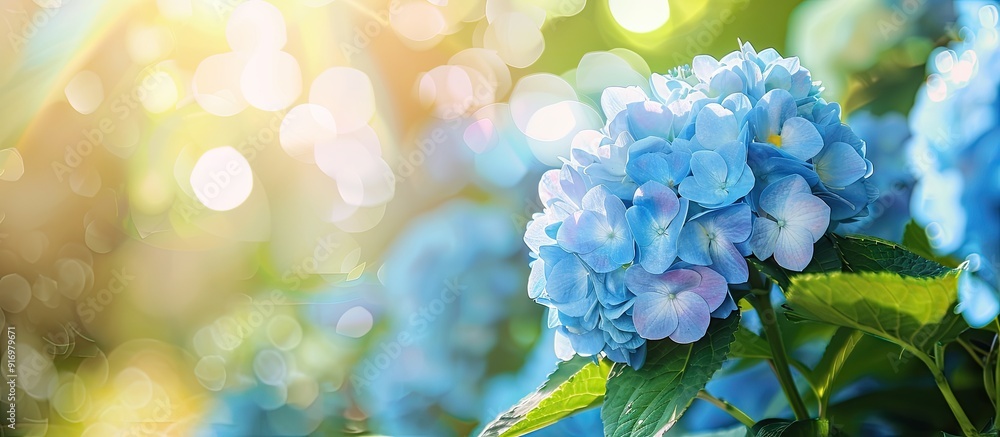 Poster hydrangea in early summer with beautiful blooms in a copy space image