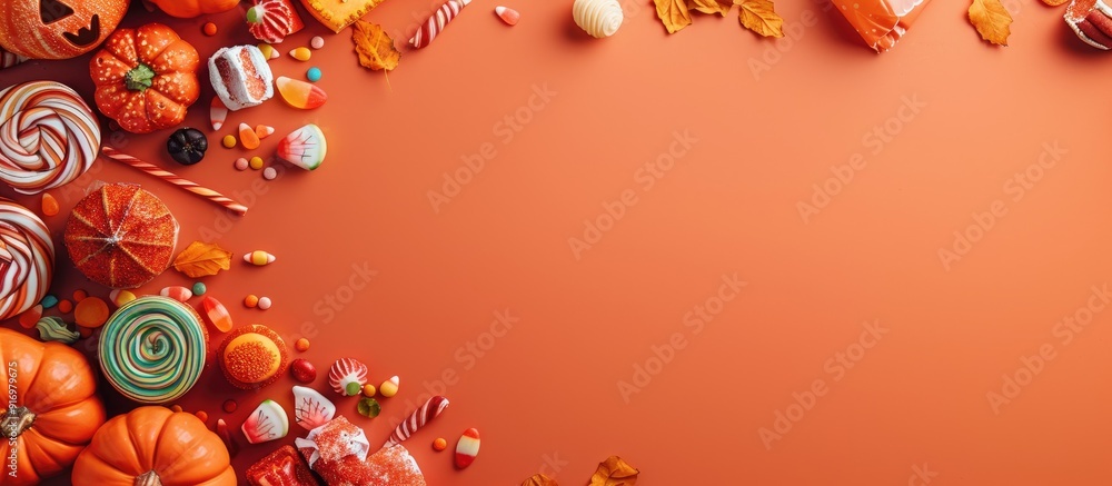Aufkleber A Halloween themed setup with a festive assortment of sweets on an orange backdrop featuring a white sheet alongside ideal for adding text in the blank space. Creative banner. Copyspace image