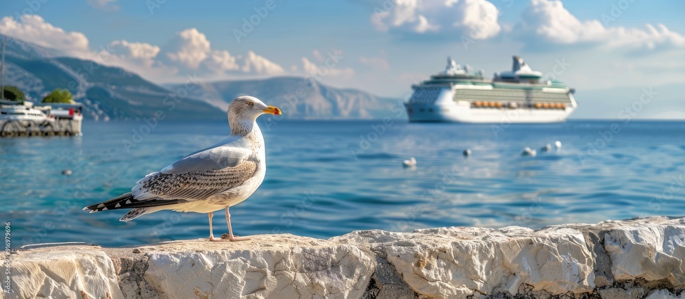 Aufkleber Seagull perching on a rustic stone quay by the tranquil sea shore with a clear view of a cruise ship passing by in the background creating a picturesque copy space image