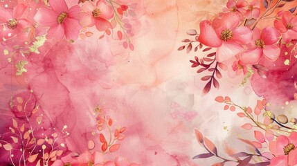 Elegant Watercolor Illustration with Floral Spring Motifs in Deep Pink and Coral Shades, Accented with Gold