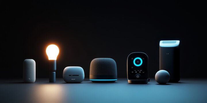 Collection of sleek modern smart home devices with ambient lighting, showcasing advanced technology and minimalistic design in a dark, futuristic setting.