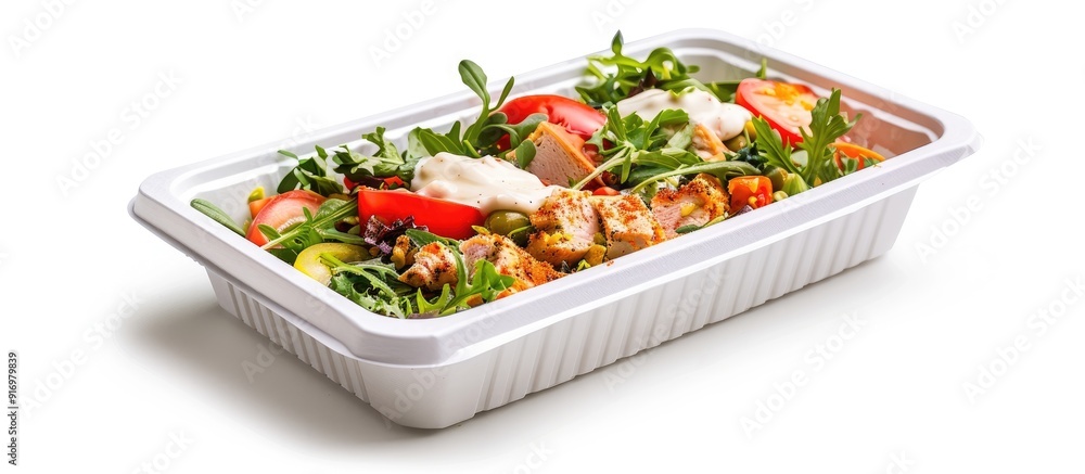 Poster White isolated background with a plastic food box intended for delivery and grab and go perfect as a design element with ample copy space image