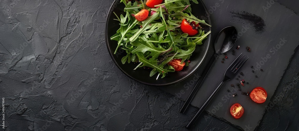 Poster top view of a fresh vegetable and leafy green salad on a black stone table with black cutlery and ba