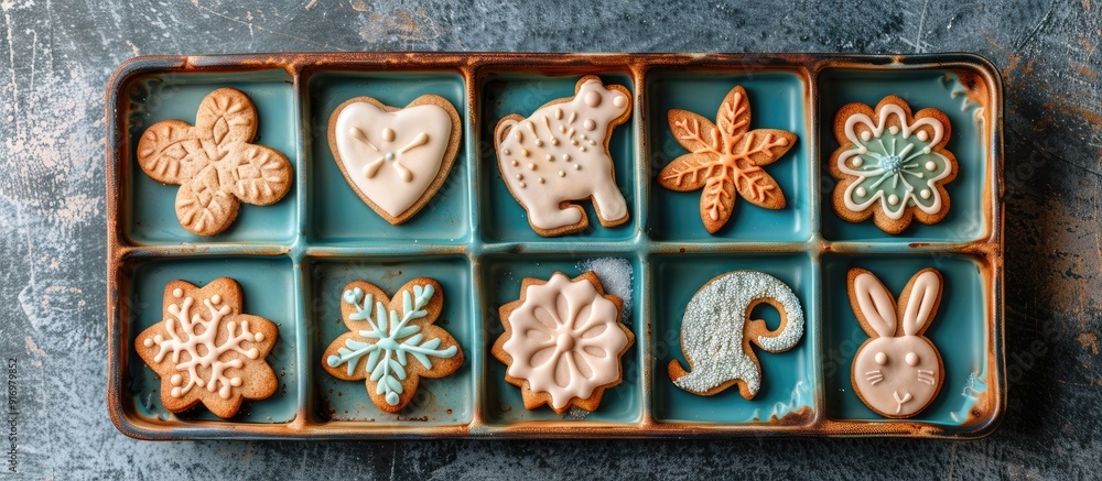 Fototapete Various homemade cookies such as dog heart elephant butterfly snowflake slug turtle rabbit chamomile and owl shapes displayed in a tray with copy space image