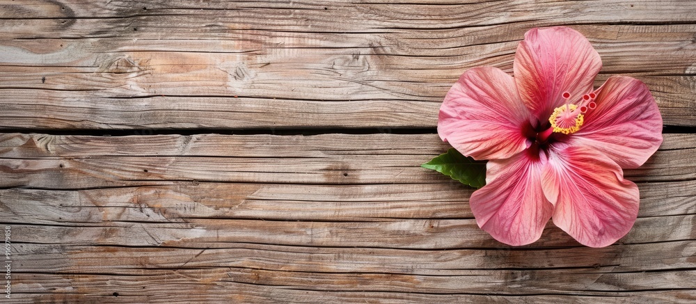 Poster empty wooden background texture with a pink hibiscus flower surrounding it creating a serene copy sp