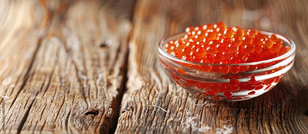 Poster glass bowl with red caviar on wood background with copy space image