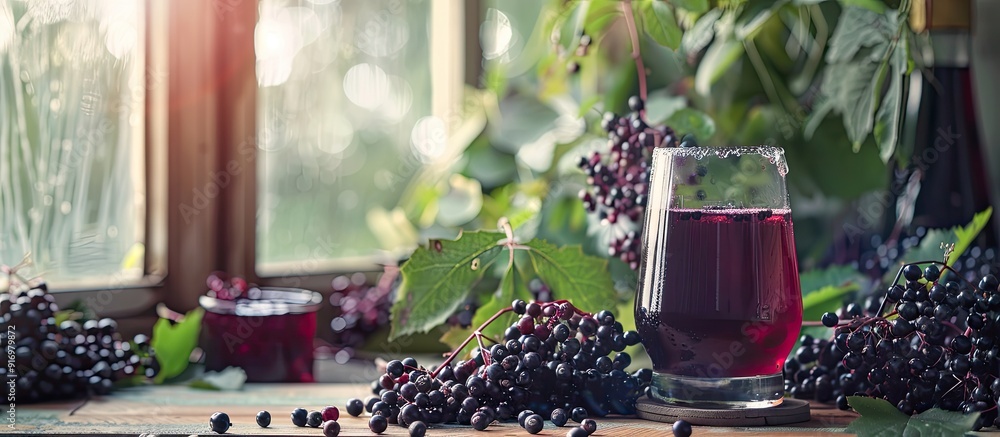 Aufkleber Table near window with elderberry drink and jam featuring Sambucus berries displayed for a copy space image