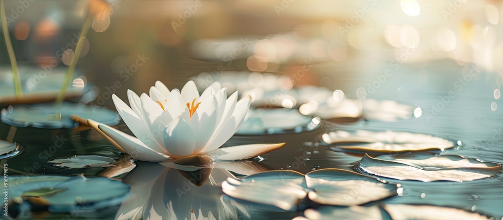 Aufkleber White water lily floating peacefully in a pond with ample tranquil copy space image