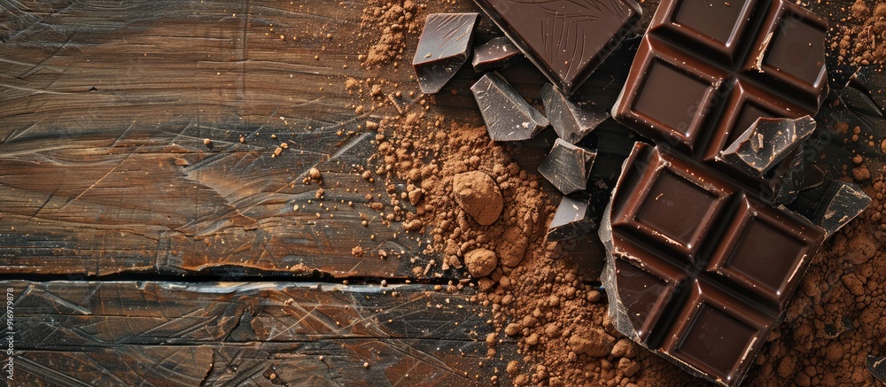 Aufkleber selective focus on dark chocolate cocoa solids and cocoa powder against a wooden backdrop in a copy 