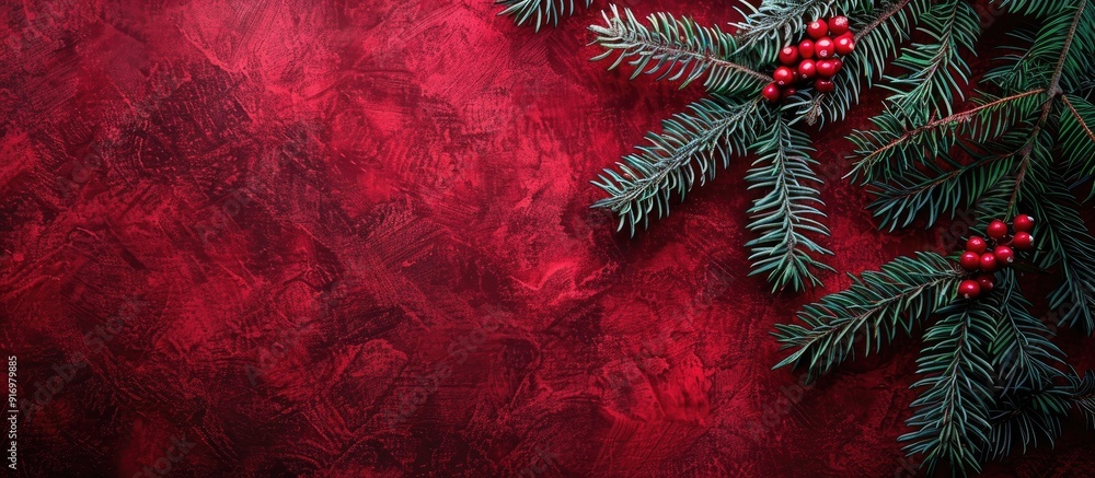 Canvas Prints Spruce tree branches on a red velvet background creating a festive Christmas decoration setting Top down view emphasizes the card concept with ample copy space image