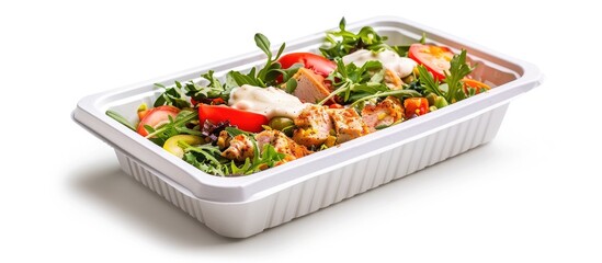 White isolated background with a plastic food box intended for delivery and grab and go perfect as a design element with ample copy space image