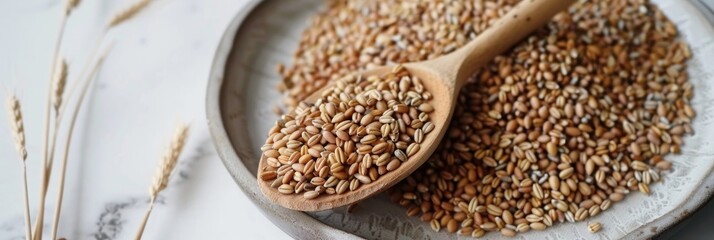 Obraz premium Raw dry rye grain on a plate with a wooden spoon on a white table close up Nutritious gluten free seed option Protein rich choice for vegan and vegetarian diets