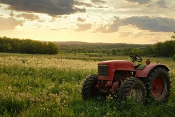 Red Tractor Parked in a Field of Wildflowers at Sunset