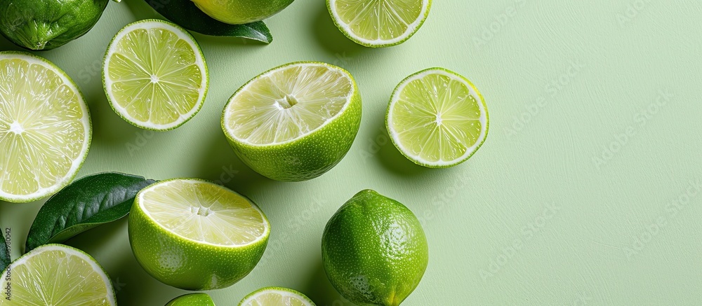 Aufkleber exotic healthy fruit with lime slices on a light green backdrop providing ample copy space image