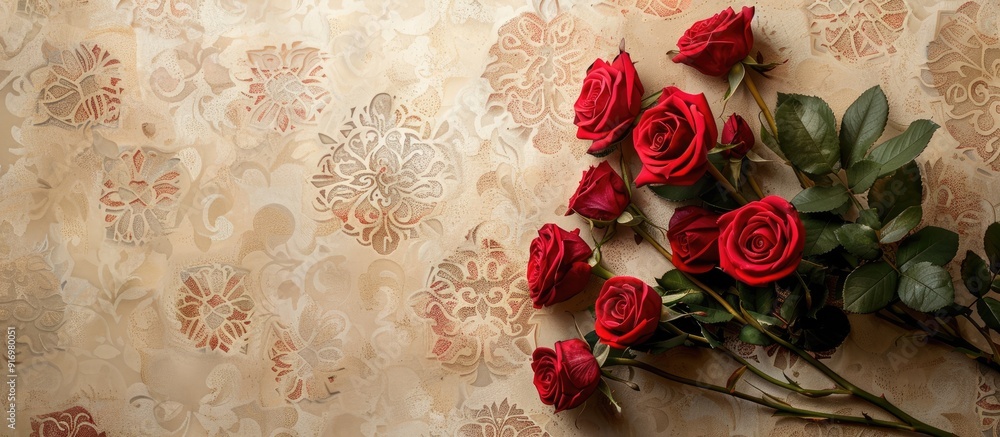 Aufkleber A top down shot of a group of red roses lying on a patterned light brown background Picture with room for text. Creative banner. Copyspace image