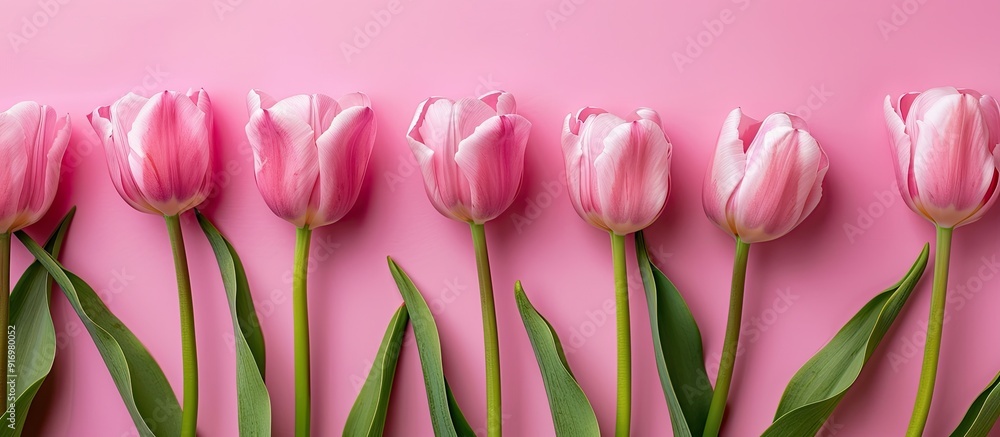 Poster flat lay of pink tulips on a matching pink background with copy space image