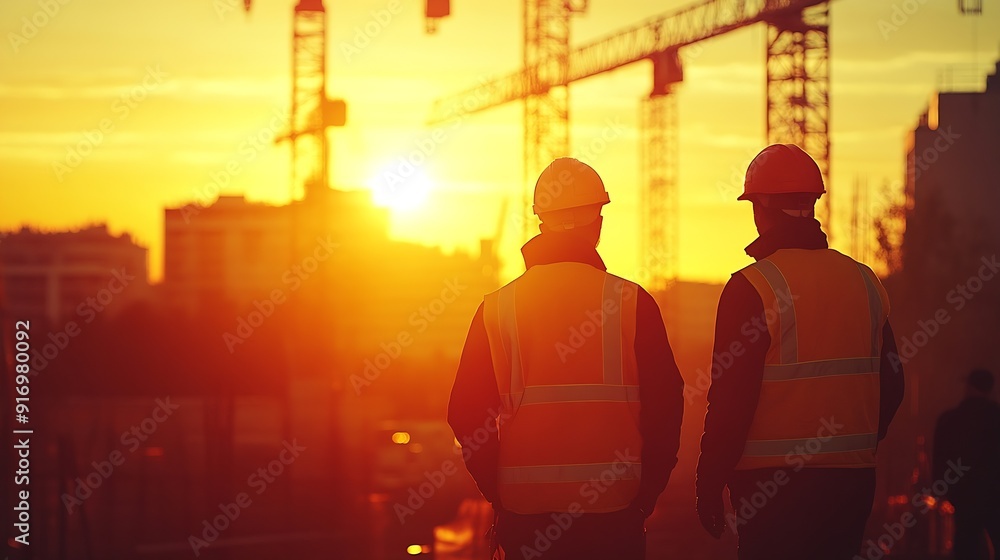 Poster a team of engineers on a construction site pass a blurry construction site at sunset : generative ai
