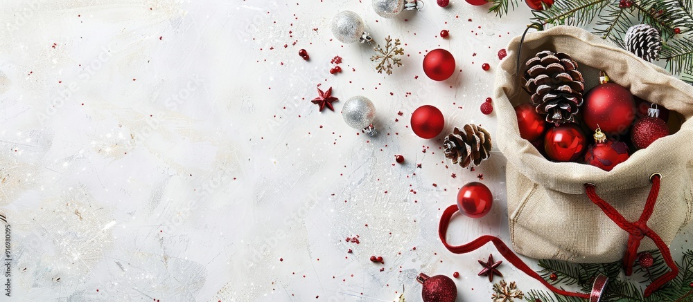 Poster A festive array of decorations spill out of a bag onto a white table creating a Christmas themed setting with a winter holiday vibe and ample copy space image for a top view