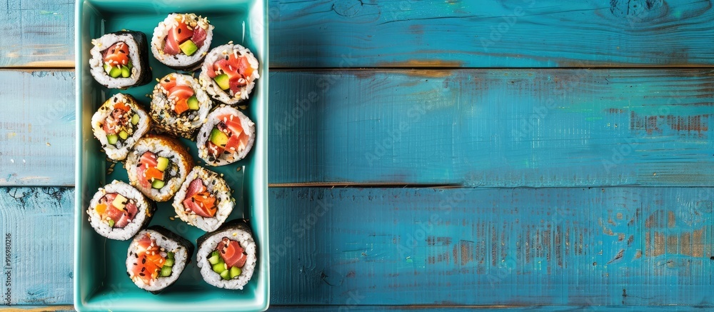 Poster tender tuna sushi rolls displayed on a blue wooden surface in a baking dish from a top view featurin