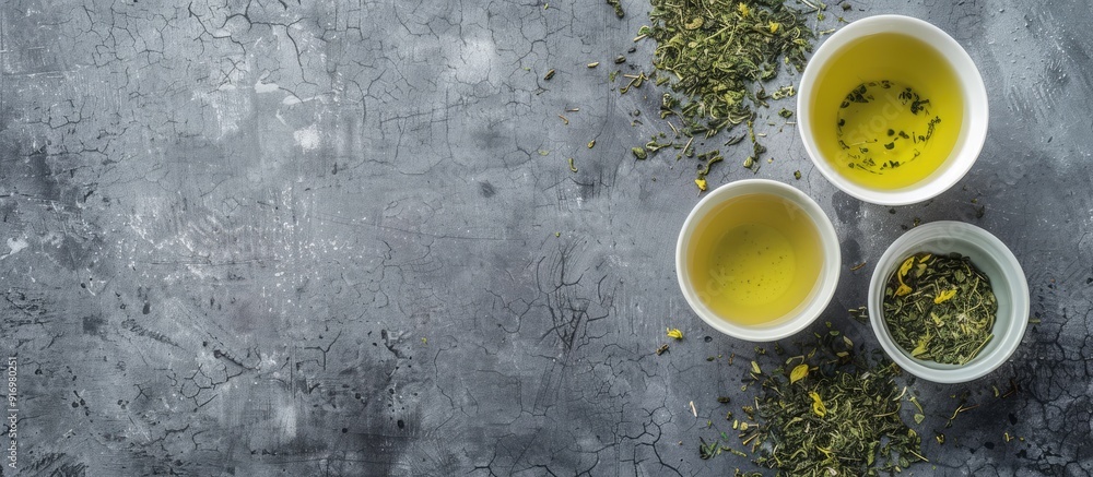 Poster top view of green sencha tea infused with floral and fruity notes set against a grey concrete backdr