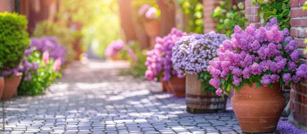 Poster spring flowers in lilac pots beautifully adorn the yard and street ideal for designers with a blank 