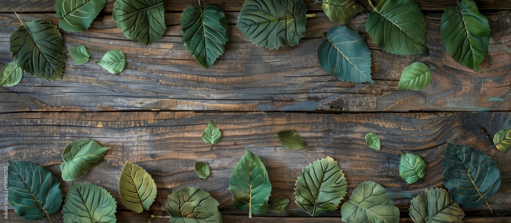Poster Creative rustic background with an arrangement of artificial leaves on a wooden surface for a flat lay top view copy space image with a design focus and empty space