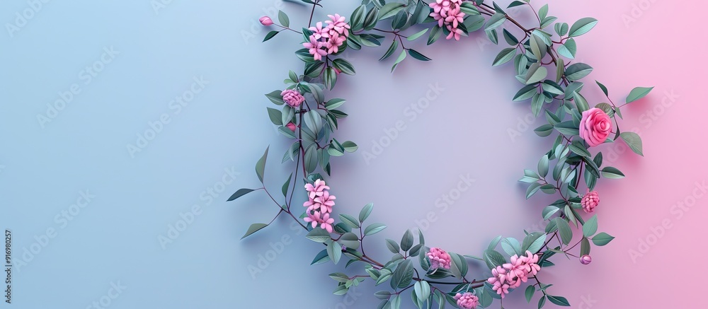 Poster square design template for an invitation or greeting card with a wreath of leaves and flowers from a