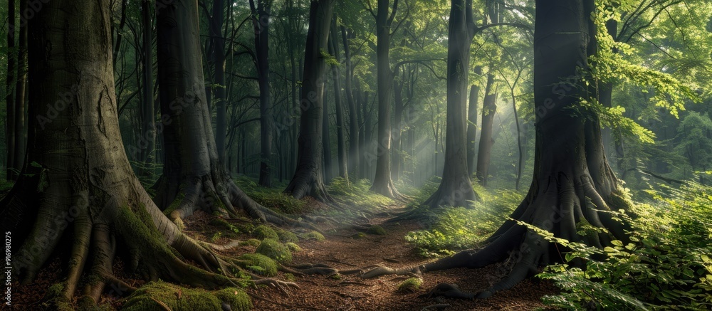 Aufkleber lush forest filled with beech trees featuring a stunning copy space image