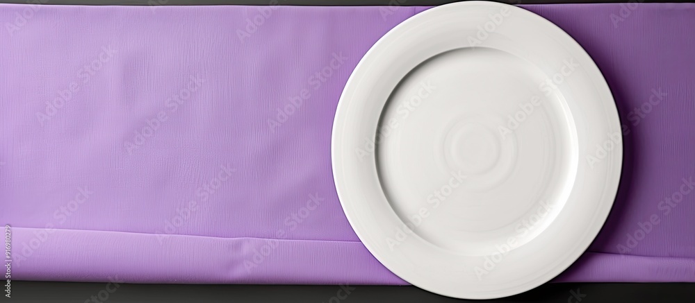 Fototapete White dinner plate showcased with a rolled purple table linen creating an elegant setting against a blank canvas with copy space image