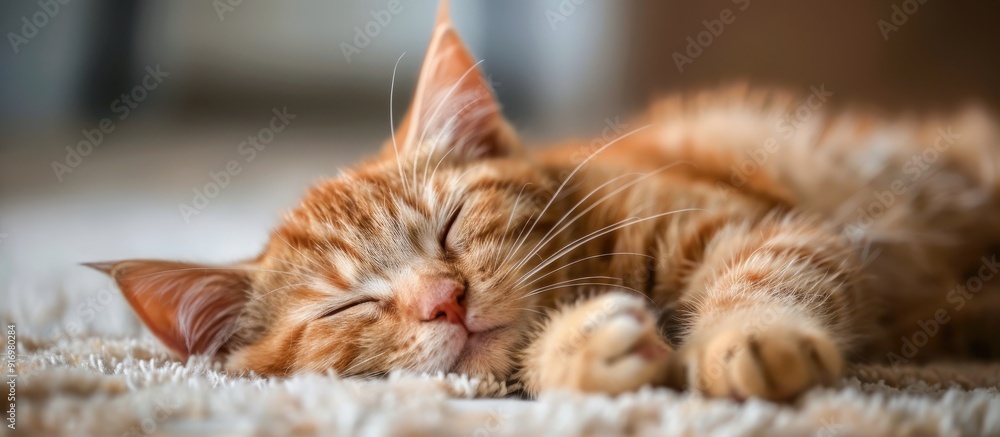 Poster Stock photo featuring a cat peacefully asleep with copy space image in the background