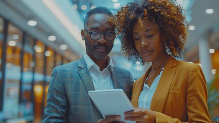 Two young African American businesspeople using a digital tablet in a modern office setting