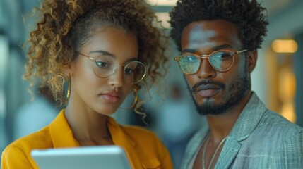 Two young African American businesspeople using a digital tablet in a modern office setting