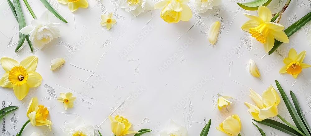 Poster a floral mockup template with a frame of yellow narcissus and tulip flowers on a white background fo